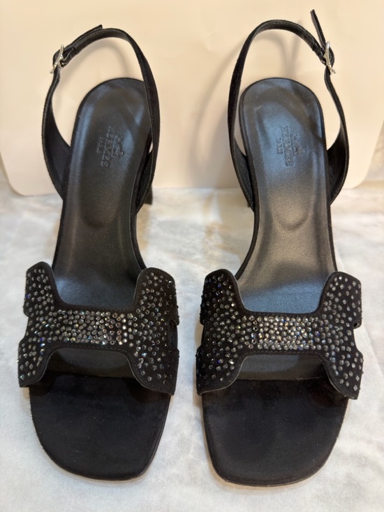 Hermes Shoes - Hermes Black Suede Crystal Embellished Slingback H Sandals Size 39,9 (US 9,5)